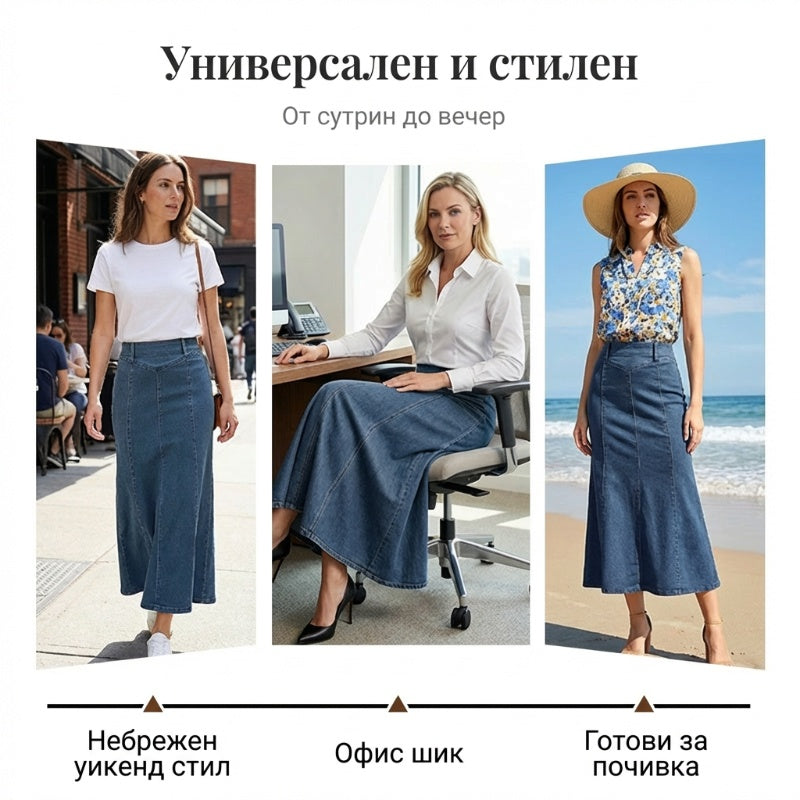 Дамска дънкова макси пола с висока талия и А-образен крой