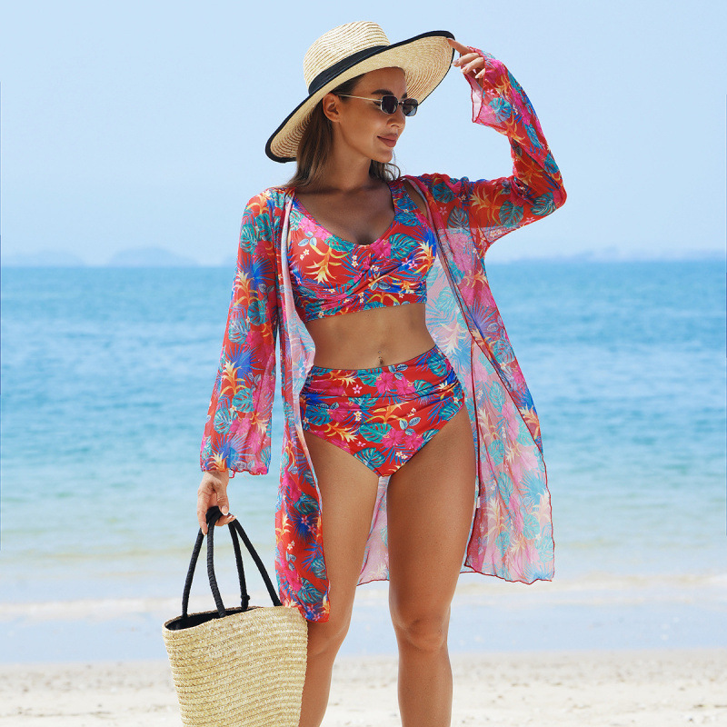 🌞 S-2XL 🏖️ Дамски моден многоцветен печатан бански от 3 части 👙