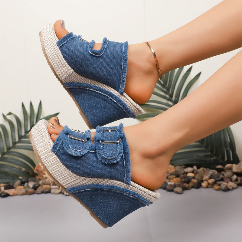 🏖️👡 Дамски небрежни дънкови сандали на платформа – Висока подметка, удобна походка, летен стил ✨📸 | Идеални за плаж, разходка и почивка ☀️