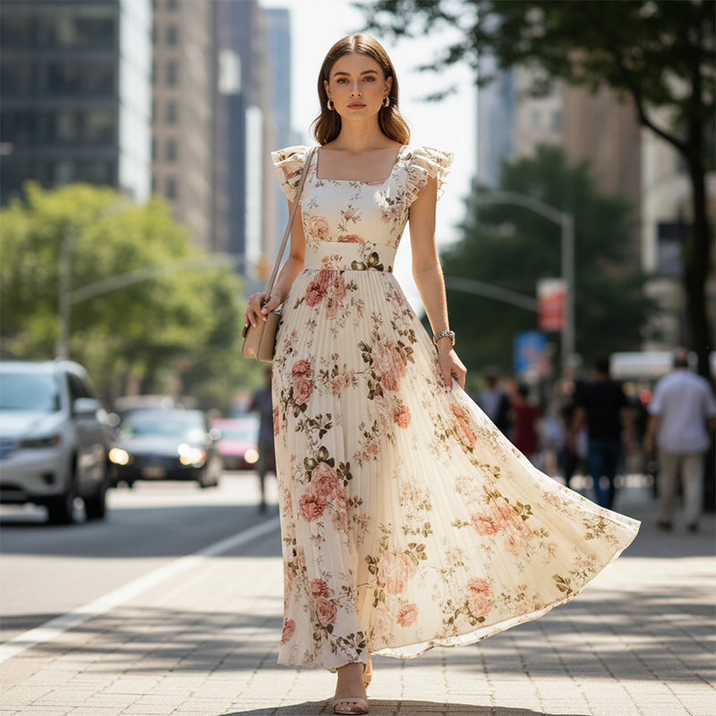 🌻Елегантна макси рокля с флорален принт и плисета👗
